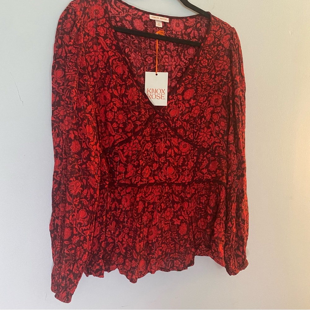 Knox Rose Red Floral Peplum Blouse Long Sleeve Balloon Size XXL - Picture 3 of 11